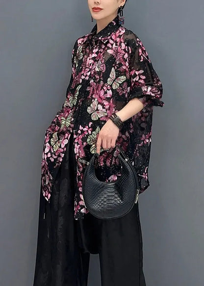 Black Base Butterfly Chiffon Shirt Tops Fall
