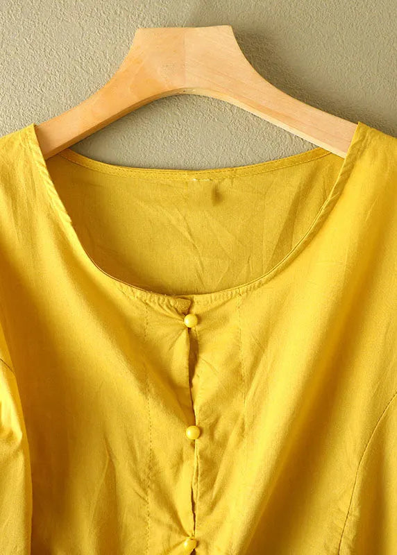 Yellow O-neck Patchwork Wrinkled Cotton Shirt Bracelet Sleeve