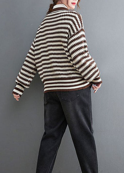 Chocolate V Neck Striped Cozy Knit Coat Outwear Spring