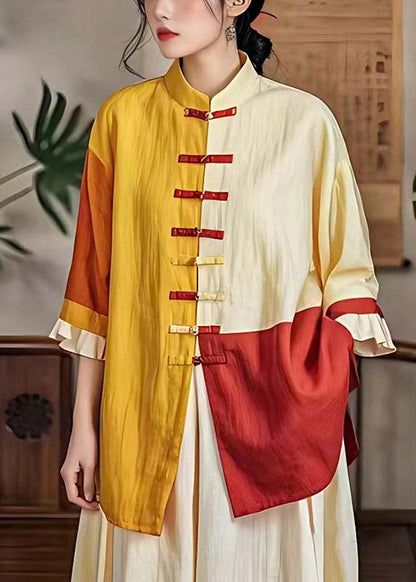 Yellow Chinese Button Patchwork Linen Top Summer