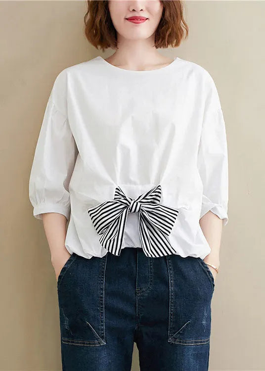 Simple White O-neck Bow Patchwork Fall Top Three Quarter Sleeve