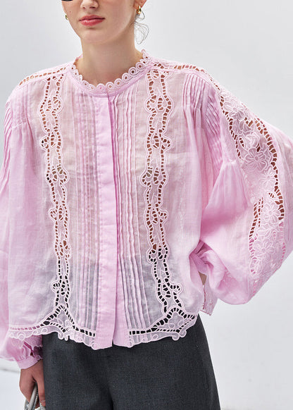 Style Pink Hollow Out Embroidered Linen Shirt Tops Fall