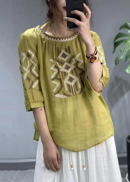 New Yellow O-neck Embroideried Patchwork Cotton T Shirt Half Sleeve