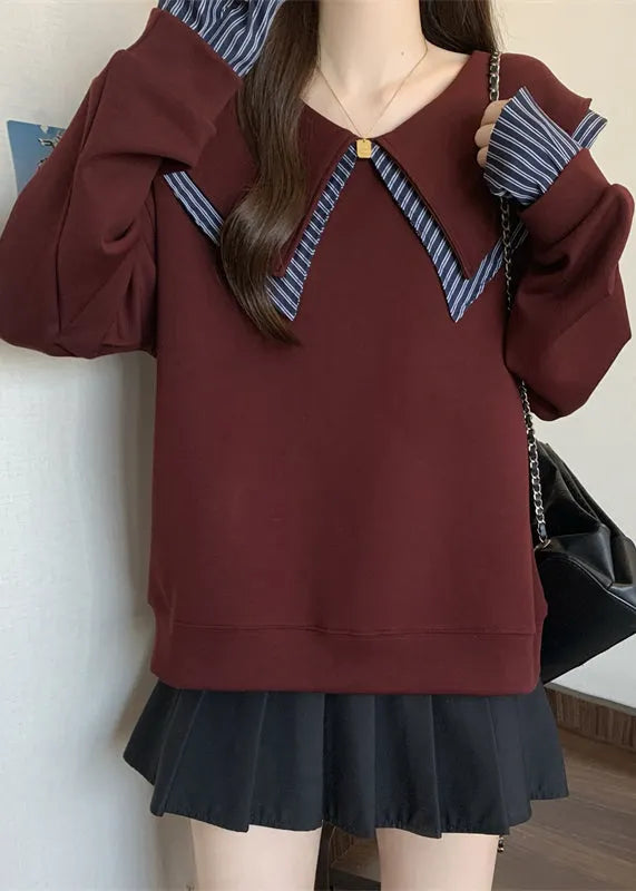 Mulberry Patchwork Cotton Fake Two Piece Sweatshirts Oversized Fall
