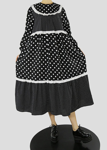 Black Ruffles Zip Up Dot Patchwork Maxi Dresses Spring