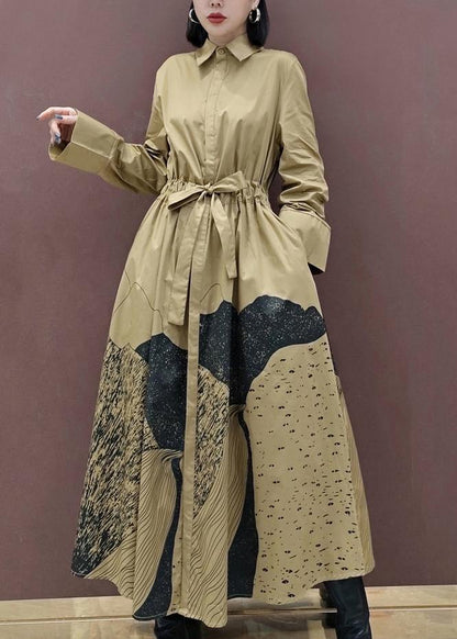Khaki Print Tunics Lapel Drawstring Robes Spring Dresses