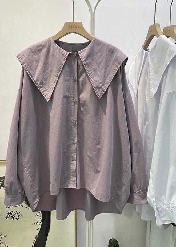 Purple Pink Peter Pan Collar Button Asymmetrical Design Fall Long Sleeve Top