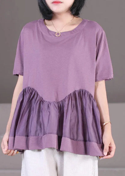 Purple Wrinkled Patchwork Cotton Loose Tank Tops Short Sleeve