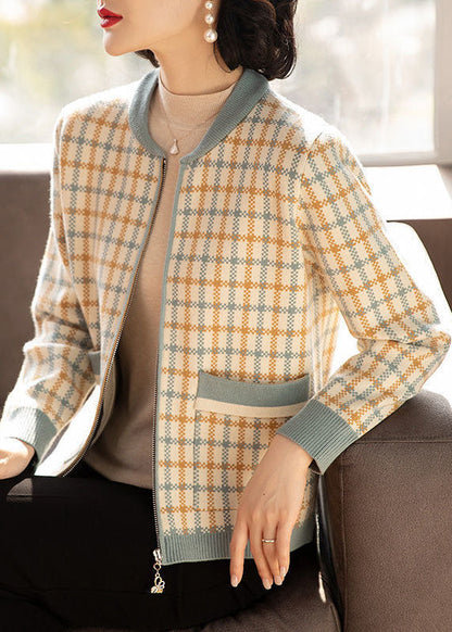 Blue O-neck Zip Up Pockets Plaid Knit Jackets Fall