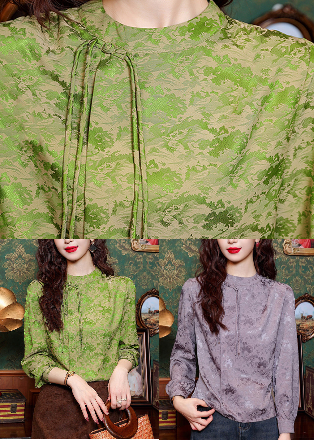 Jacquard Purple Turtleneck Silk Top Long Sleeve