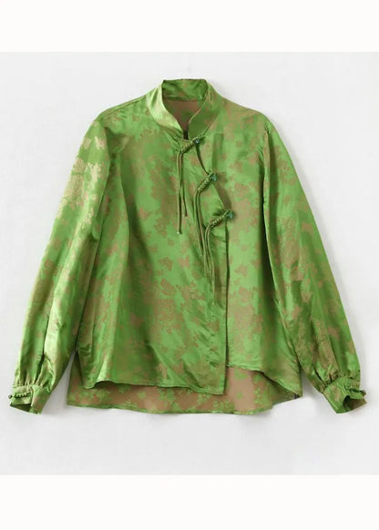 Green Tasseled Chinese Button Jacquard Patchwork Silk Shirt Spring