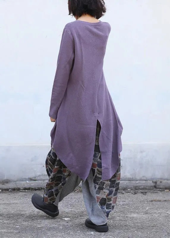 Purple Clothes O Neck Knitted Blouse Drawstring Asymmetric