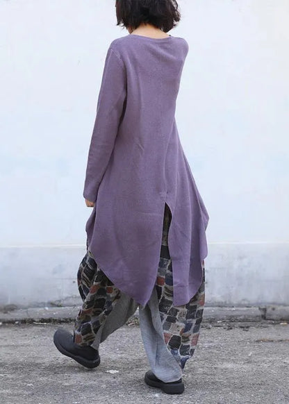 Purple Clothes O Neck Knitted Blouse Drawstring Asymmetric