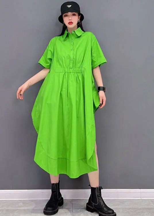 Green Asymmetrical Design Cotton Long Blouse Tops Short Sleeve