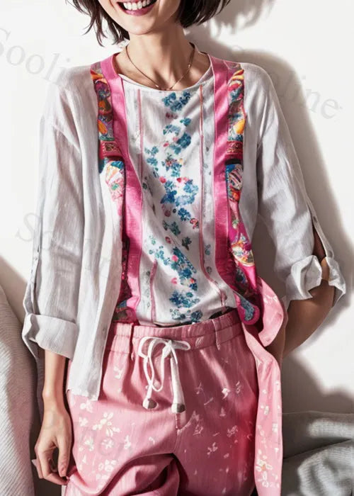New White O Neck Print Patchwork Cotton Tops Long Sleeve