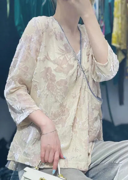 Complexion V Neck Tie Waist Silk Top Long Sleeve