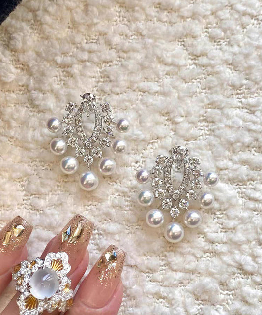 White Copper Zircon Pearl Stud Earrings