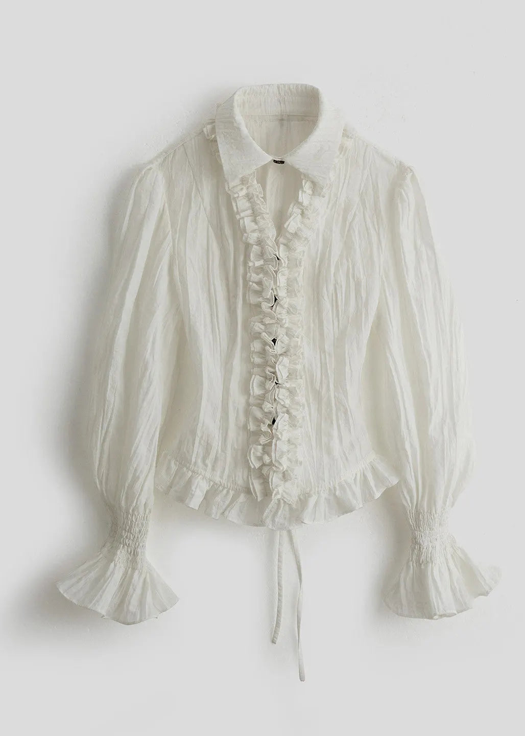 French White Ruffled Cinched Cotton Shirt Top Spring