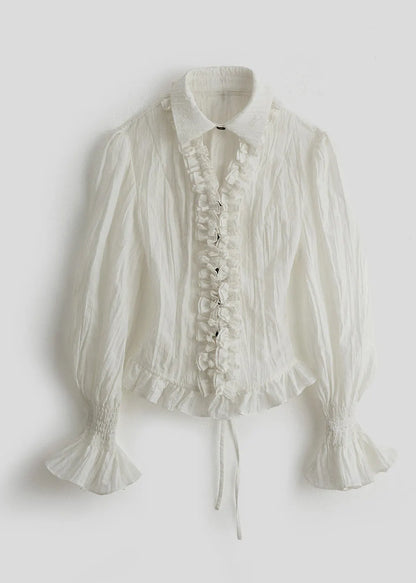 French White Ruffled Cinched Cotton Shirt Top Spring