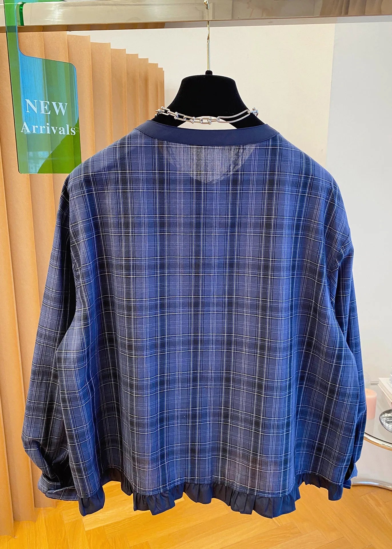 Blue O Neck Plaid Ruffled Cotton Shirt Top Fall