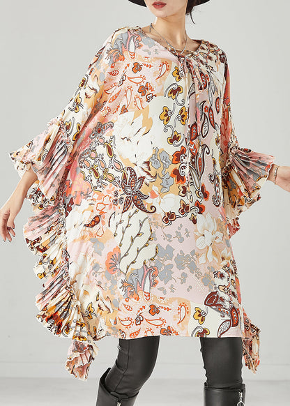 Art Apricot Print Ruffles Chiffon Maxi Dress Batwing Sleeve Spring