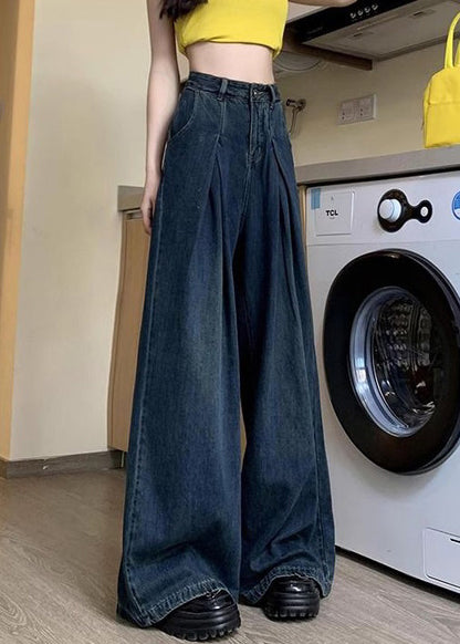 Denim Blue Button Pockets Denim Wide Leg Pants Summer