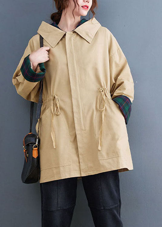 Boutique Khaki Pockets Drawstring Fall Hoodie Coat