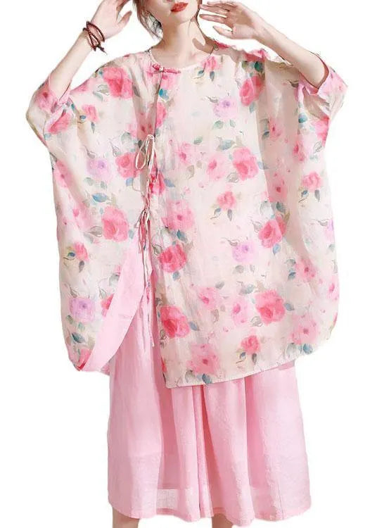 Pink Print Asymmetrical Design Summer Half Sleeve Top