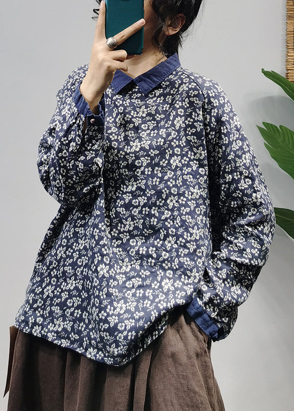 Unique Blue Button Peter Pan Collar Linen Sweatshirts Top Spring