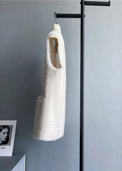 Beige V Neck Pockets Button Wool Vest Sleeveless