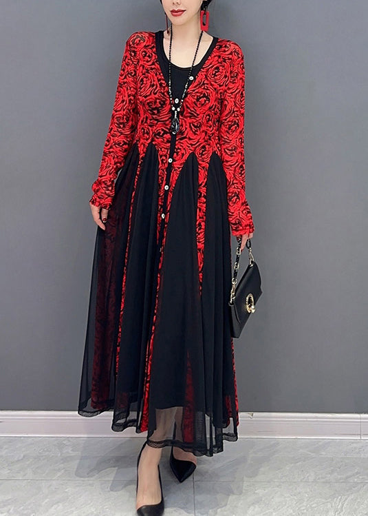 French Red O-neck Print Tulle Maxi Dresses Spring