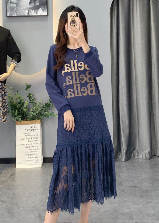 Blue Lace Patchwork Cotton Dress Spring