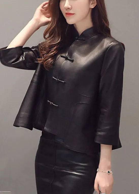 Black Button Stand Collar Faux Leather Coats Three Quarter Sleeve Fall