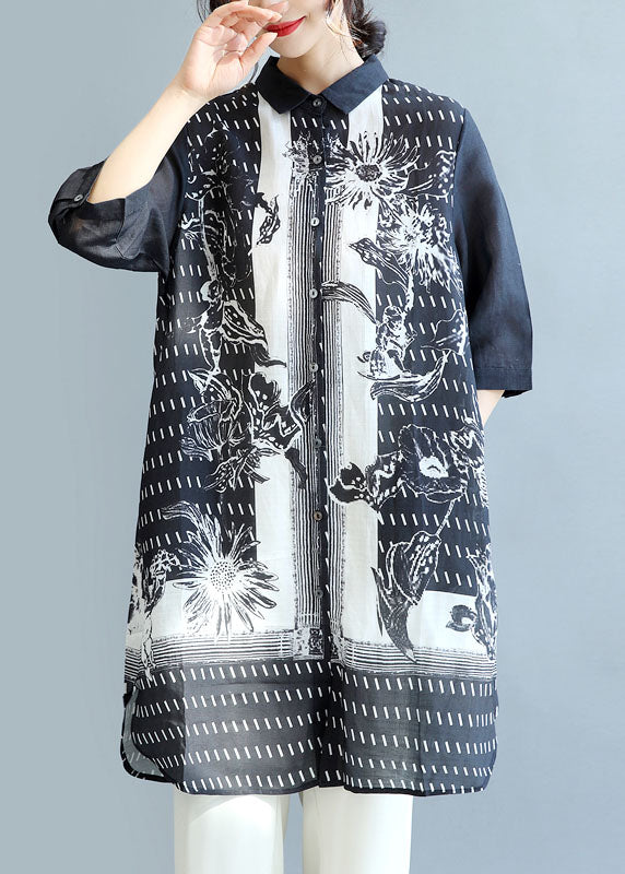 Black Peter Pan Collar Print Linen Long Shirt Tops Half Sleeve