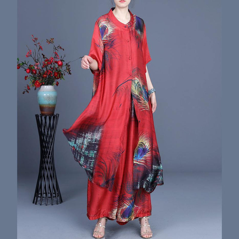 Summer Loose Silk Red Print Coat + Two Piece Pants