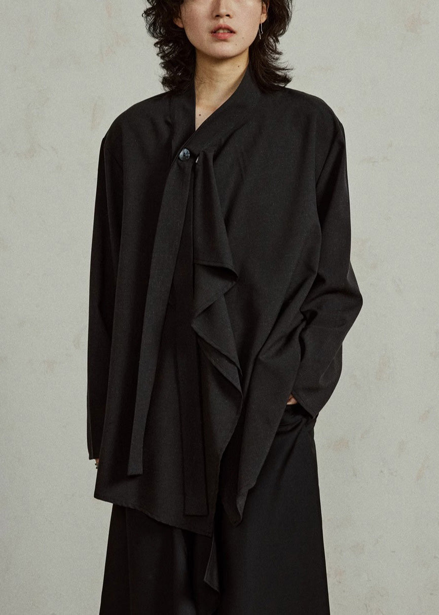 French Black V Neck Shirts Long Sleeve