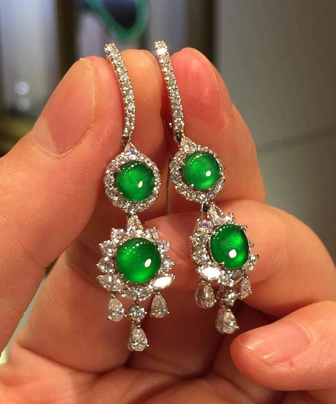 Sterling Silver Inlaid Zircon Jade Tassel Drop Earrings