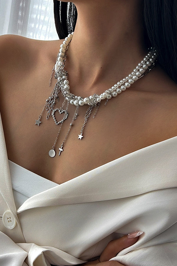 Pearl Beaded Tassel Heart Chain Necklace