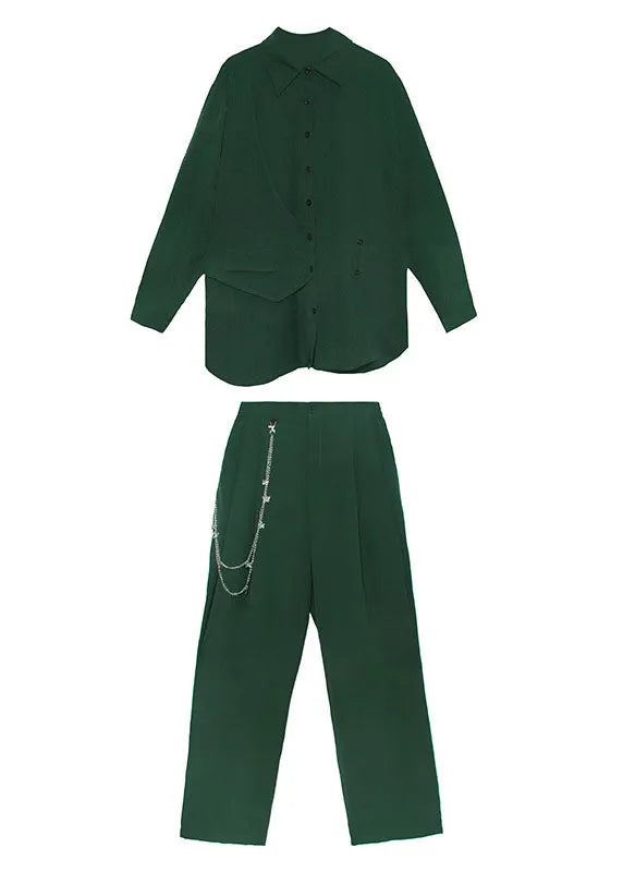 Modern Green Peter Pan Collar Button Asymmetrical Design Fall Two Piece Set