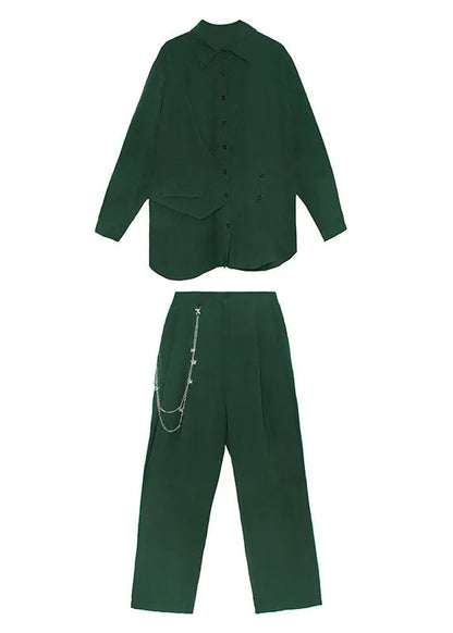 Modern Green Peter Pan Collar Button Asymmetrical Design Fall Two Piece Set