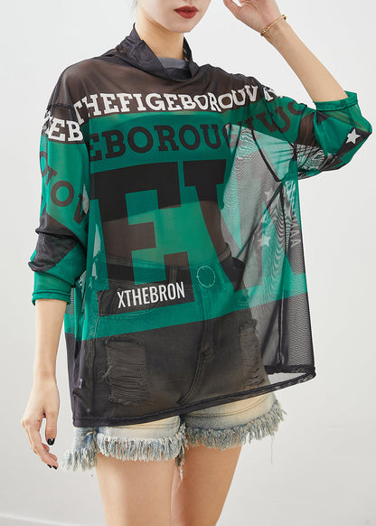 Green Turtle Neck Letter Print Tulle Tops Fall
