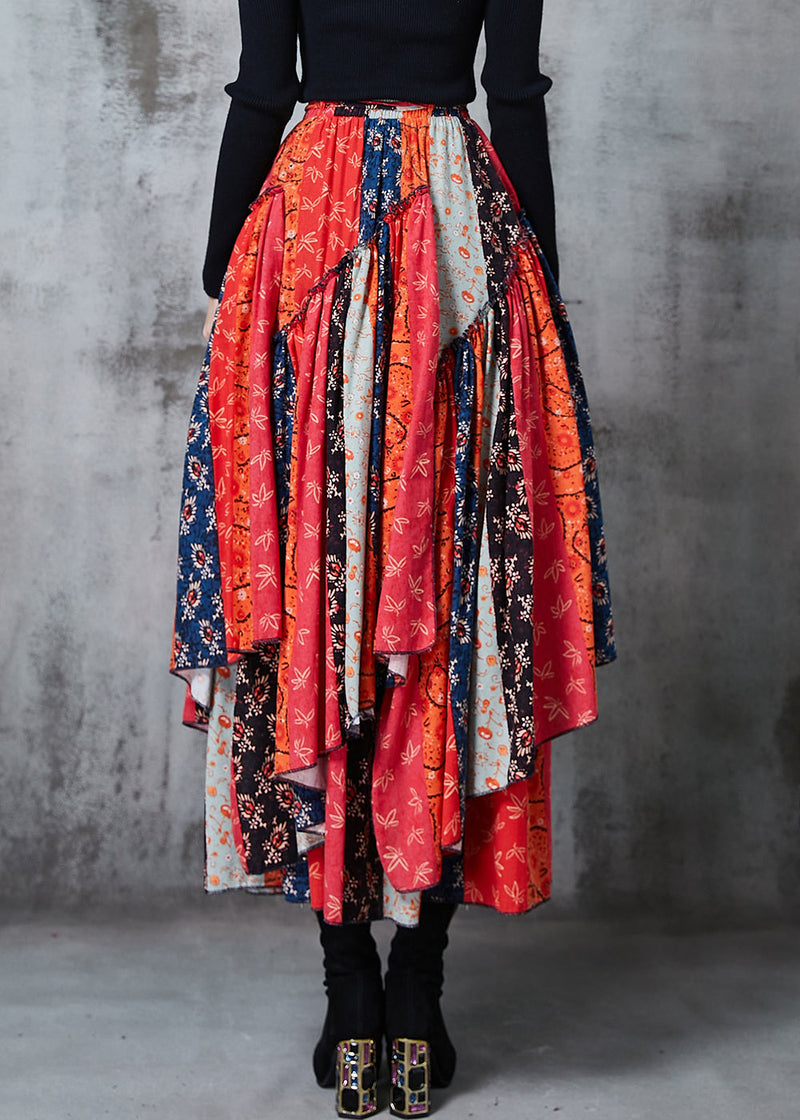 Red Asymmetrical Patchwork Cotton Skirt Spring