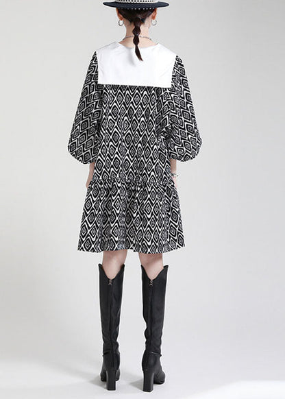 Black Button Patchwork Asymmetrical Design Puff Sleeve Fall Dresses