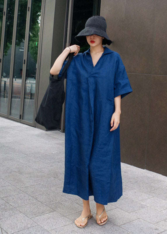 Blue Wrinkled Side Open Linen Dress Short Sleeve Summer
