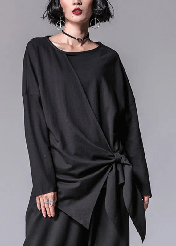 Vogue Black O-neck Asymmetrical Bow T Shirt Long Sleeve