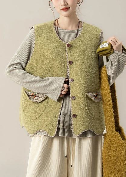 Green Button Faux Fur Waistcoat and Top Two Pieces Set Sleeveless