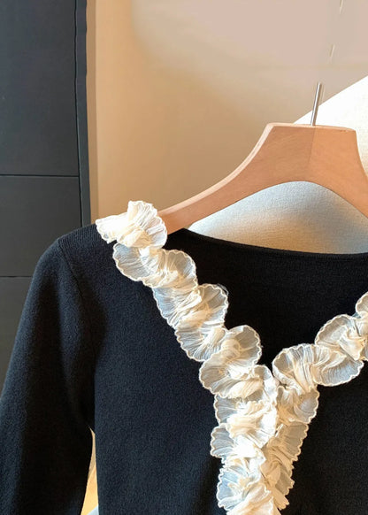 Black Ruffled Patchwork Knitting Cotton Fall T Shirts V Neck