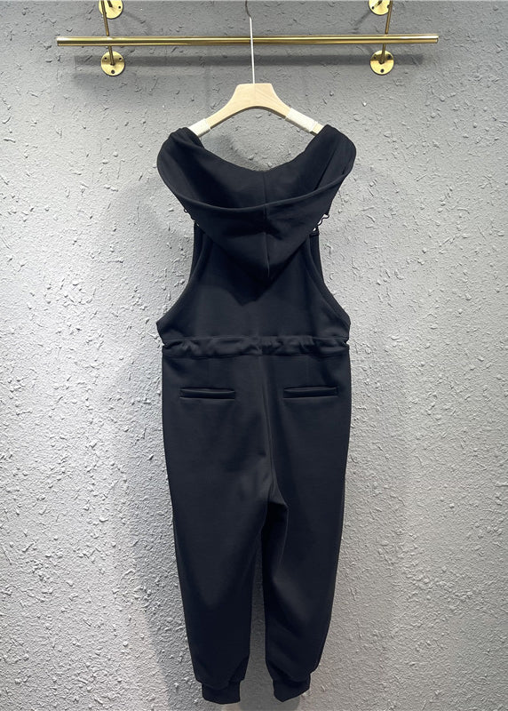 Black Pockets Drawstring Patchwork Cotton Overalls Jumpsuit Fall