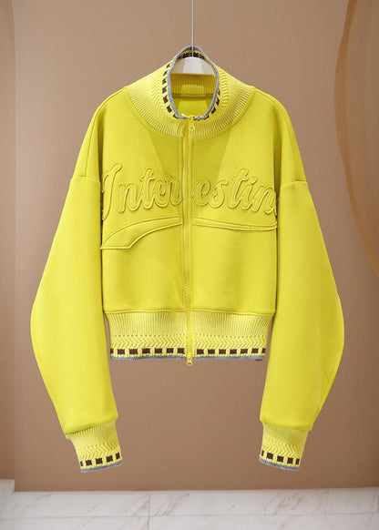 Yellow Stand Collar Graphic Patch Patchwork Coat Spring