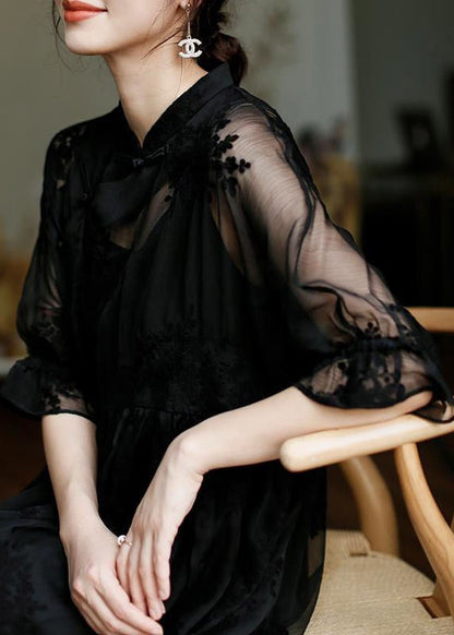 Natural Black Stand Collar Embroideried Button Tulle Long Dress Half Sleeve Summer